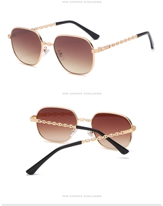 Three views of small square sunglasses with gold chain temples and gradient brown lenses