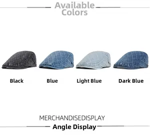 Detailed close-up of quilted denim flat caps in black, blue, and light blue washed fabric