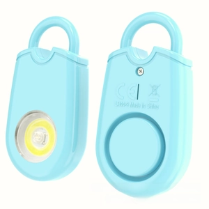 Detailed front and back views of a blue personal safety alarm with LED light and clip