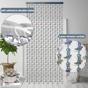 Silver laser fringe curtain with boot shape cutouts and self-adhesive mounting strip