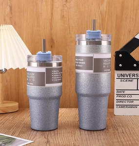 Detail of 20oz and 30oz vacuum insulated stainless steel mugs with grey glitter finish
