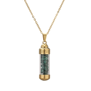 Detail of gold cylinder perfume bottle pendant with green crystals and Greek key pattern