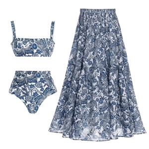 Three-piece blue dragonfly floral swimsuit set with ruffle top, bikini bottom and long skirt