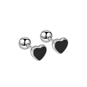 Elegant S925 sterling silver heart stud earrings with black zircon and screw-back closure