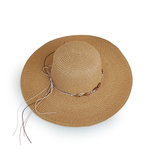 Detailed close-up of woven paper straw texture and beaded band on khaki sun hat