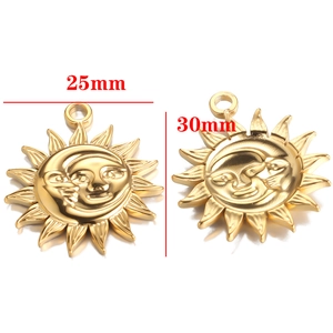 Detail of sun and moon face charms in gold finish with 25mm and 30mm size measurements