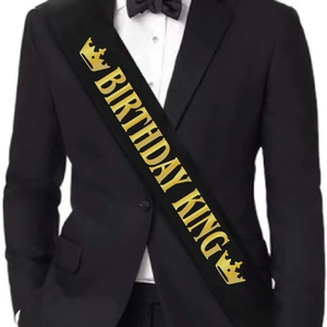 Birthday King sash in black satin with gold lettering and crown for party men