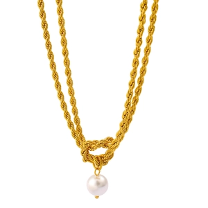 Double-layered golden stainless steel twist chain necklace with a white pearl pendant