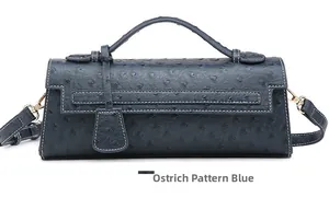 Detail view of the blue ostrich texture and golden metal buckle on the lady's handbag