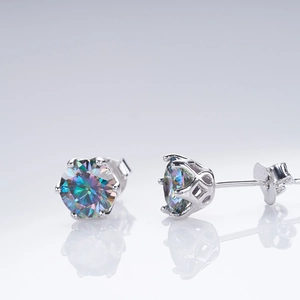 Close-up of 1ct moissanite earrings with classic six-prong setting and rainbow luster