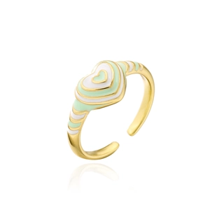 Detail of 18K gold plated heart ring with green and white enamel stripes on metal