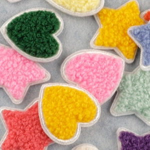 Colorful chenille heart and star patches with soft towel texture for DIY clothing
