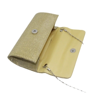 Golden glitter evening clutch bag with detachable chain strap and satin interior lining