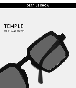 Detail shot of sturdy temple hinges on these black square retro sunglasses