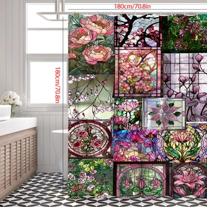 Floral stained glass pattern shower curtain detail showing 180cm size in modern bathroom