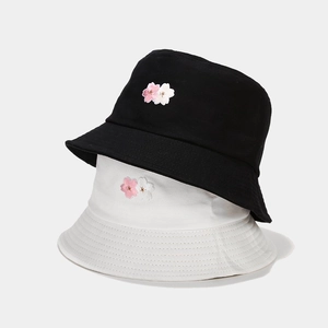 Cherry Blossom Embroidery Bucket Hat Cotton Canvas Sun Protection Summer Travel Fishermans Hat Women