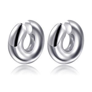 Polished silver C-shaped hollow stainless steel hoop earrings with reflective finish