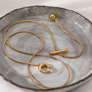 Gold stainless steel Y-shaped snake chain necklace with circular and T-bar pendants
