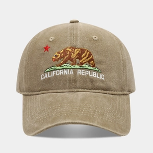 Vintage khaki washed cotton baseball cap with California Republic bear embroidery