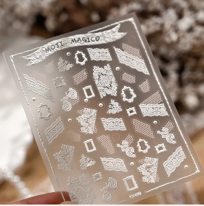 3D white embossed lace nail sticker with vintage frame designs and pearl textures KX490