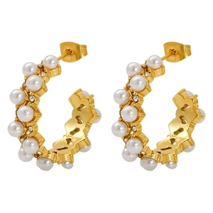 Chic C-shaped gold-plated hoop earrings with elegant white pearls and zircon accents
