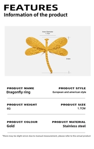 Detailed chart showing gold dragonfly ring dimensions and stainless steel material specs