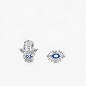 Boucles D'Oreilles Main De Fatma Et Mauvais Oeil Argent Sterling 925 Avec Email Bleu Et Zircone Bijoux Pour Femmes