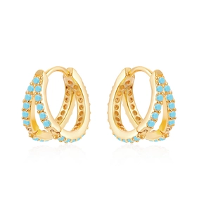 Elegant gold S925 sterling silver double-row earrings with turquoise blue beads