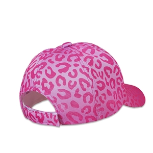 Detail view of the pink leopard print baseball cap with an adjustable back strap