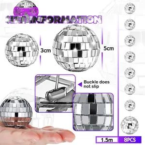 Pack of 8 silver mirror disco ball ornaments in 3cm and 5cm sizes with 1.5m hanging wire
