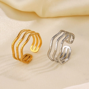 Three-layer wave textured stainless steel open ring in gold and silver finish