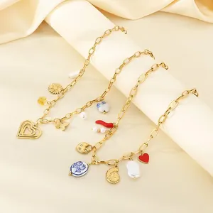 Stainless Steel Charm Necklace Gold Heart Butterfly Chili Artificial Pearl Shell Porcelain Pendant Women Summer Beach Style