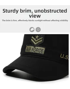 Detailed close-up of embroidered Air Force text and military insignia on a flat top cap