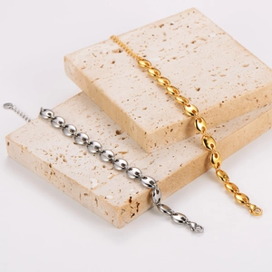 8mm stainless steel coffee bean link bracelet in gold and silver hip hop style finish
