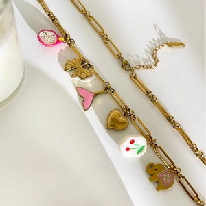 Golden titanium steel chain necklace with colorful fish tail and elephant charms