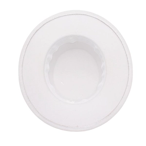Interior view of white wide-brimmed felt hat showing internal sweatband and label detail