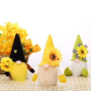 Three-piece sunflower and honey bee themed plush gnomes for autumn harvest table decoration