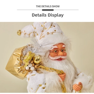Detail der Weihnachtsmann-Figur mit Paillettenmütze und goldenem Geschenksack
