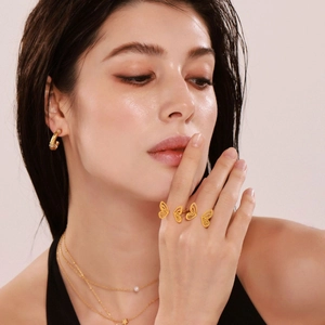 18K gold plated butterfly jewelry set with multi-layer necklace and cutout rings