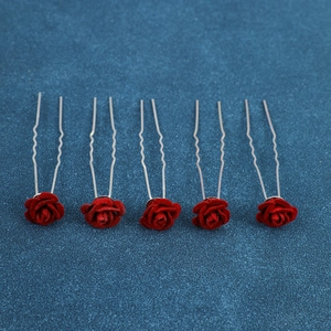 Set of 5 red velvet rose U-shaped hair pins for wedding hairstyles and hair styling