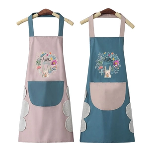Waterproof kitchen apron with hand-wiping towels and Hello Spring rabbit pattern