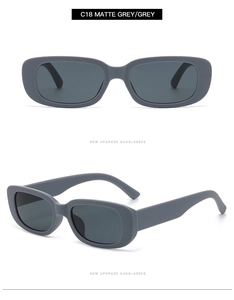 Front and side view of retro matte grey oval sunglasses with grey lenses in high detail