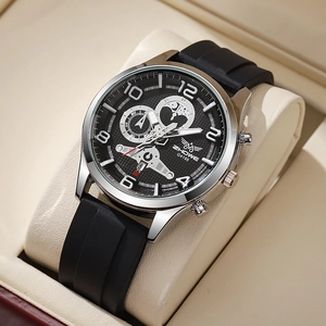 Close-up of ZHOWE G4195 sports watch with black silicone strap on a leather cushion