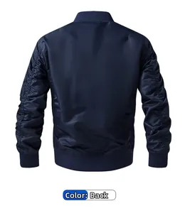 Rückansicht einer dunkelblauen Bomberjacke mit gerafften Ärmeln und Rippstrickdetails