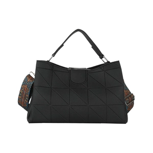 Fashionable black handbag with geometric pattern and colorful wide shoulder strap