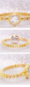 Detail view of gold women's watch with rhinestones and Roman numeral dial on glitter background
