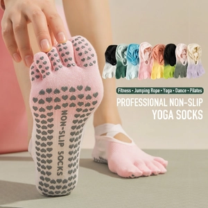 Non-slip five-toe tie-dye yoga socks with criss-cross straps and heart silicone grips