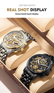 Detailed shot of two stainless steel quartz watches with hollow multifunctional dials