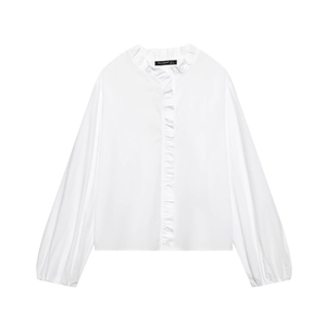 Women's white poplin shirt with high neck ruffles and lantern long sleeves