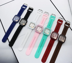 Minimalist square quartz watches with silicone straps in seven colors and swan dial design